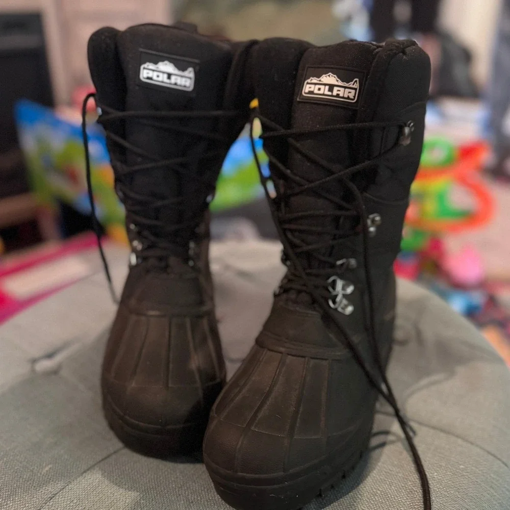Polar Mens Black Winter Snow Boots Waterproof Duck Toe Lace Up Lug Sole Boots